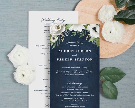 Navy And White Floral Wedding Program Navy Wedding Programs Etsy
