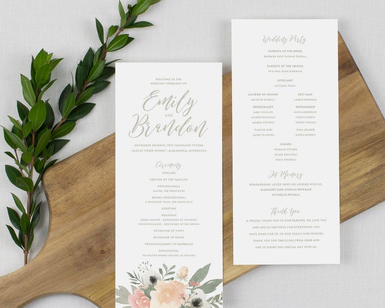 blush floral wedding programs blush and gray wedding ceremony wedding program floral watercolor programs printed wedding programs