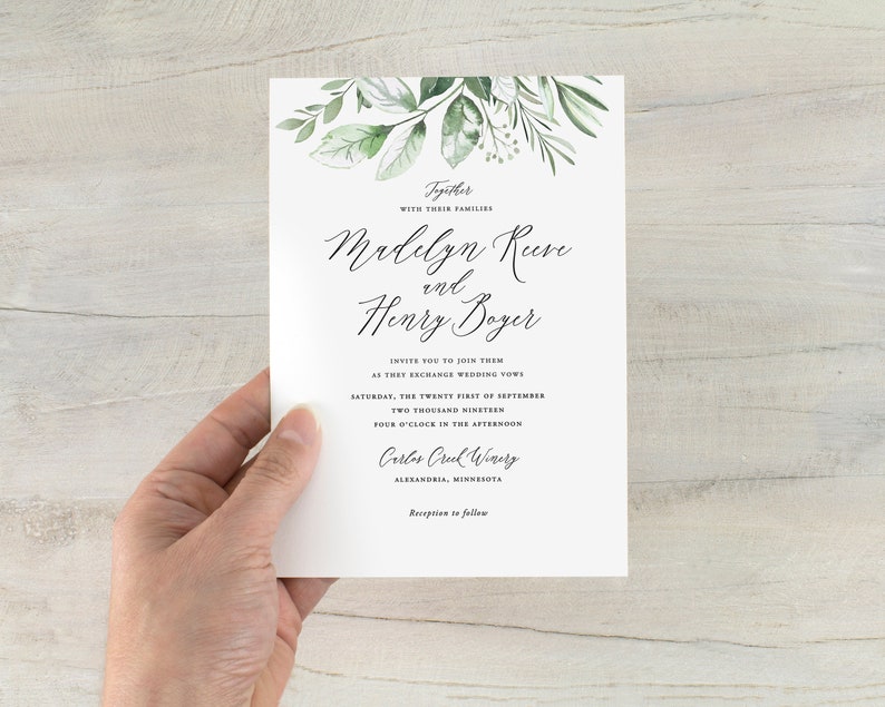 greenery wedding invitations, simple greenery, watercolor boho wedding invitation, woodland, neutral wedding invitation, printed invitations image 6
