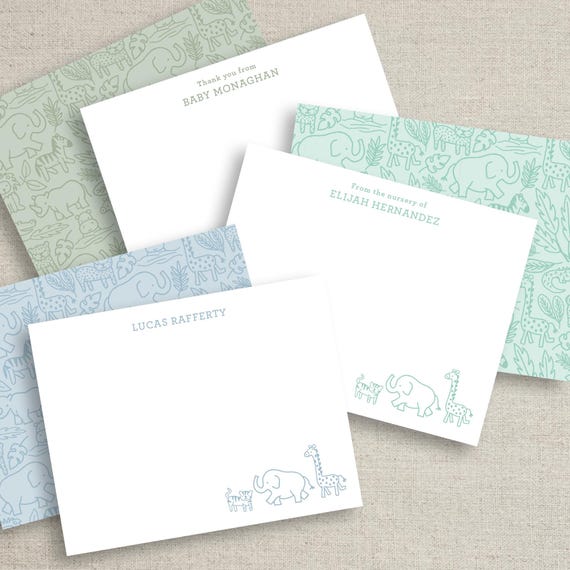 safari animal personalized flat notecards with envelopes, baby shower thank you card set
