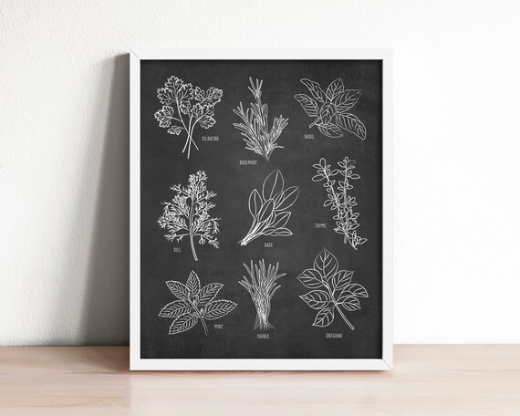 Kitchen Herb Wall Art Print Botanical Kitchen Art Chalkboard Etsy