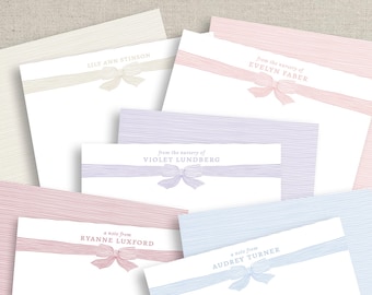 Personalized Bow Pinstripe Note Cards: Girls Stationery Set