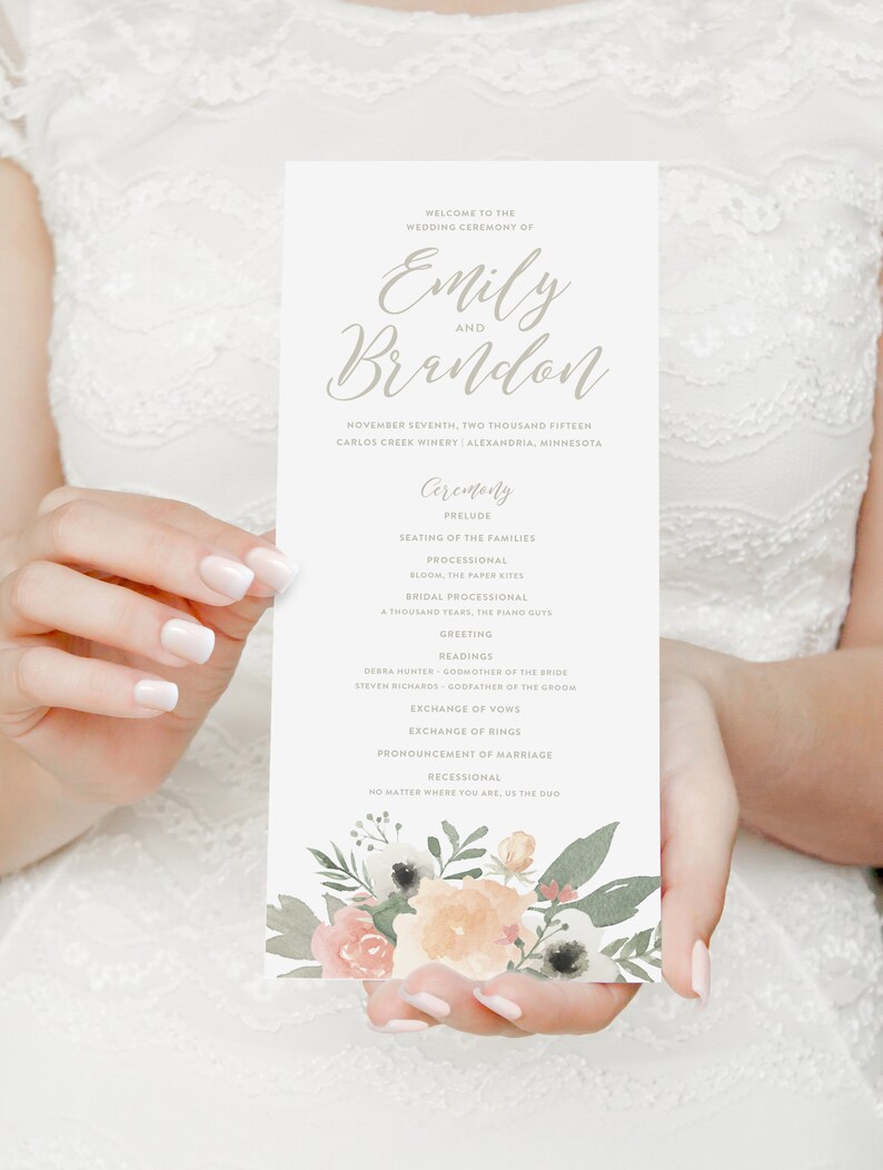 blush floral wedding programs blush and gray wedding ceremony wedding program floral watercolor programs printed wedding programs