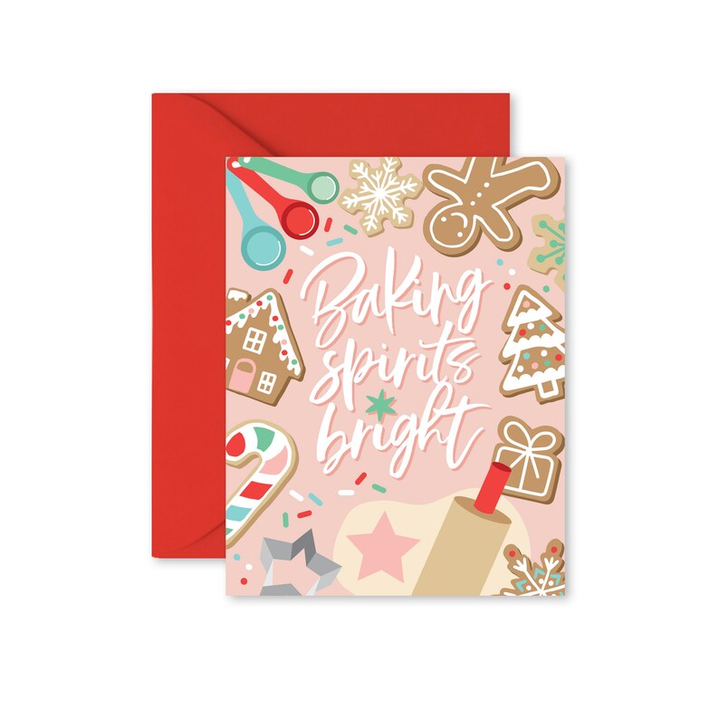 Baking Spirits Bright, holiday card, Christmas cookie festive greeting card, Christmas card for neighbor, folded card with envelope image 1