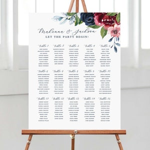 PRINTED wedding seating chart with navy and burgundy florals, custom wedding table seating sign mounted on foam core for navy floral wedding image 1