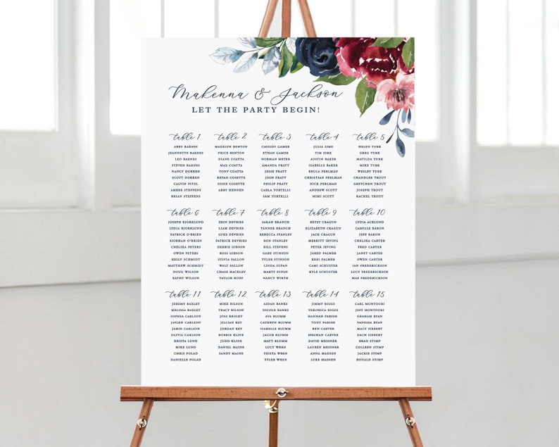 PRINTED wedding seating chart with navy and burgundy florals, custom wedding table seating sign mounted on foam core for navy floral wedding image 1