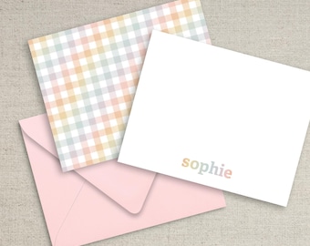 Personalized Stationery: Rainbow Gingham Notecards, Baby Girl Thank You Cards