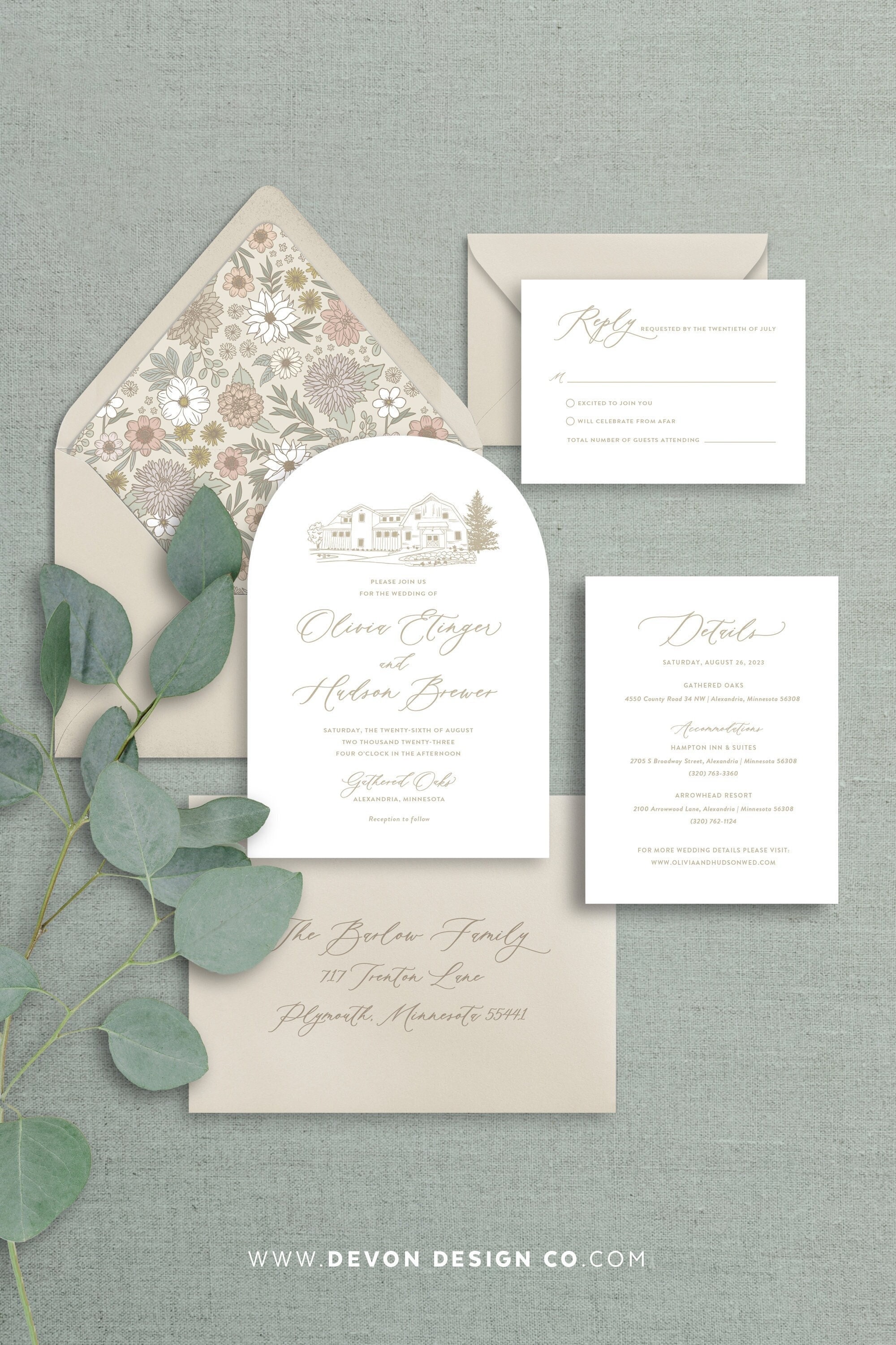 arch die cut wedding invitation with venue sketch