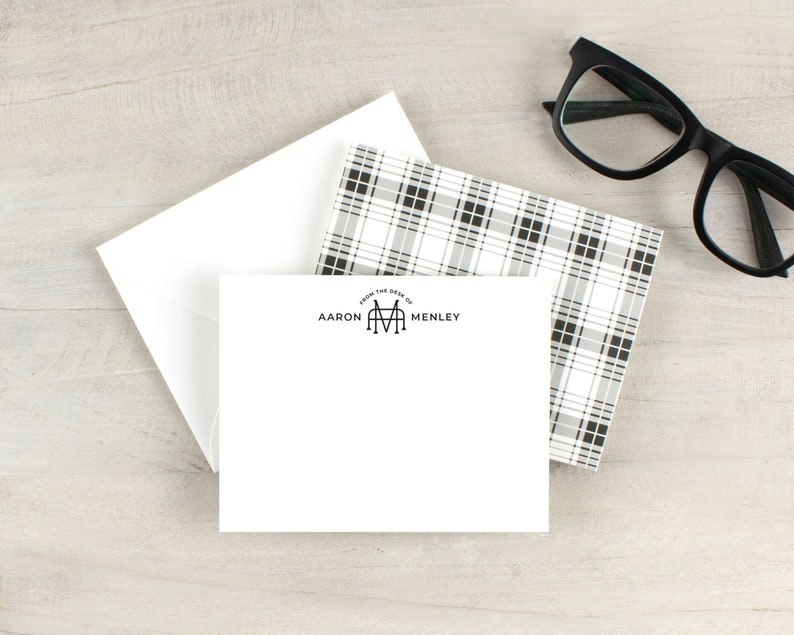 Personalized plaid notecard set, monogram stationery, mens custom stationery, black and white plaid stationery image 3