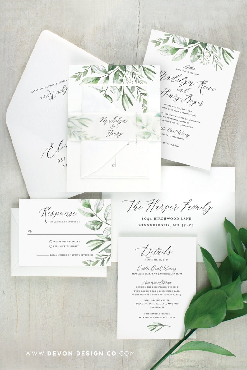 greenery wedding invitations, simple greenery, watercolor boho wedding invitation, woodland, neutral wedding invitation, printed invitations image 1