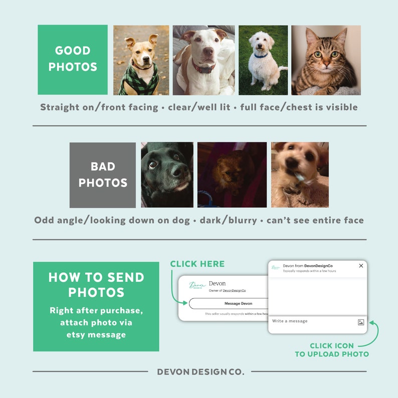 May include: A graphic with instructions on how to send photos for custom pet portraits. The graphic shows examples of good and bad photos. The good photos are clear, well-lit, and show the pet's full face and chest. The bad photos are blurry, dark, and taken from an odd angle. The graphic also includes a screenshot of an Etsy message window with instructions on how to send photos.