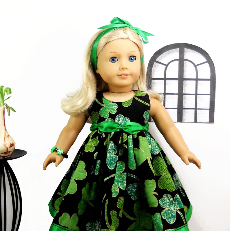 American Girl Dolls St Patrick Day Dress Kelly Green Clovers Includes Bracelet and Hair Tie
