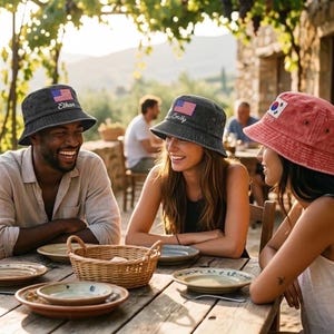 May include: Four people seated at a wooden table outdoors, wearing bucket hats with flags. The hats are blue, black, and red. The table has plates, a basket, and a view of a vineyard.