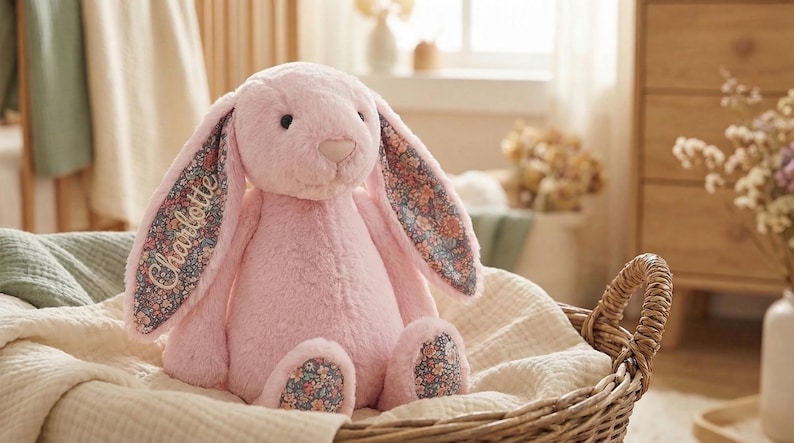 May include: A plush pink bunny rabbit with long ears and floral patterned fabric inside the ears and on the feet. The name "Charlotte" is embroidered on one ear. The bunny is seated in a woven basket.