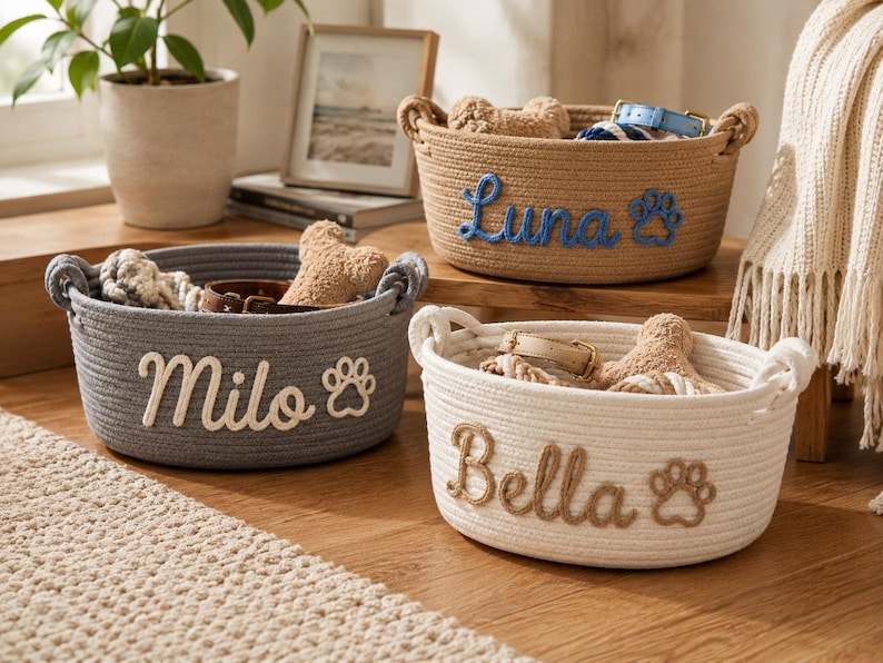 Peut inclure: Trois paniers en corde tress&eacute;e pour animaux de compagnie, chacun avec un nom et une empreinte de patte. Le panier gris dit "Milo", le panier beige dit "Luna", et le panier blanc dit "Bella". Chaque panier contient des fournitures pour animaux.