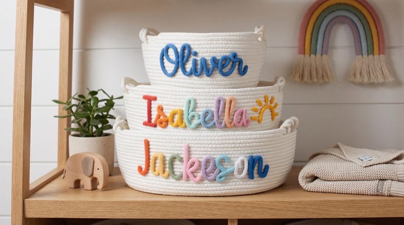 Peut inclure: Trois paniers en corde blanche empil&eacute;s sur une &eacute;tag&egrave;re en bois, chacun avec le nom d'un enfant en &eacute;criture color&eacute;e : Oliver, Isabella et Jackson. Un &eacute;l&eacute;phant en bois et une petite plante en pot sont &eacute;galement sur l'&eacute;tag&egrave;re. Une d&eacute;coration murale arc-en-ciel est en arri&egrave;re-plan.