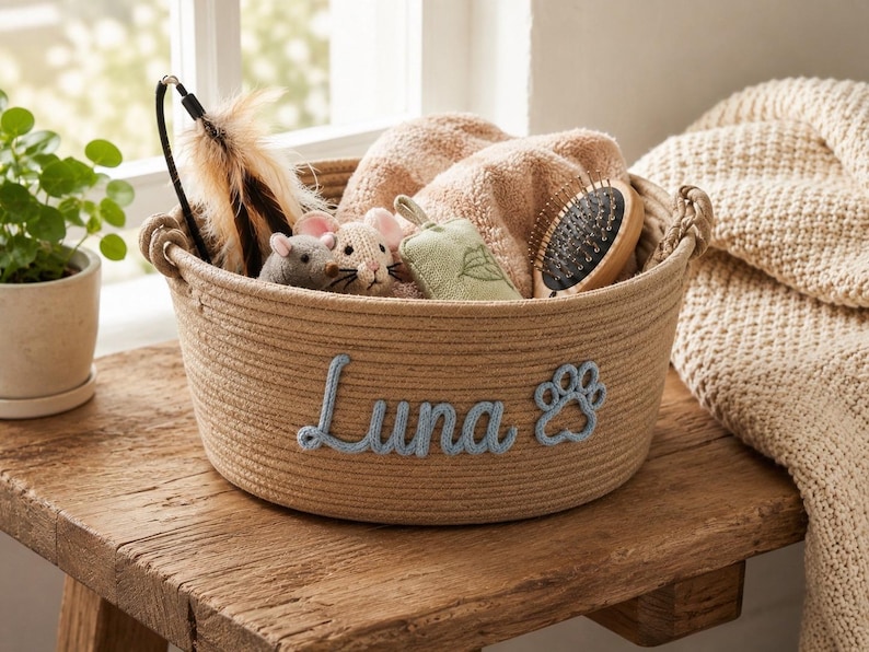 Peut inclure: Un panier en corde beige rempli de jouets et d'accessoires pour animaux de compagnie. Le panier porte le nom "Luna" en bleu et une empreinte de patte. Il contient des souris en peluche, une brosse et un jouet &agrave; plumes. Pos&eacute; sur une surface en bois.