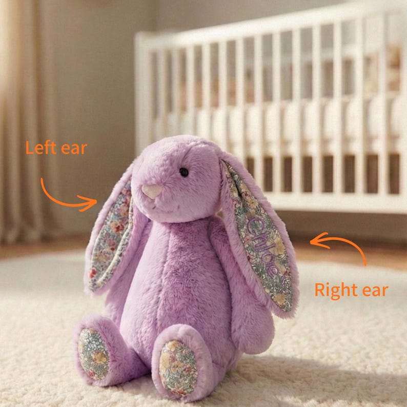 May include: A plush lavender bunny rabbit with long, floppy ears. The inside of the ears and the soles of the feet feature a floral pattern. The bunny is sitting on a light-colored rug, with a crib in the background.