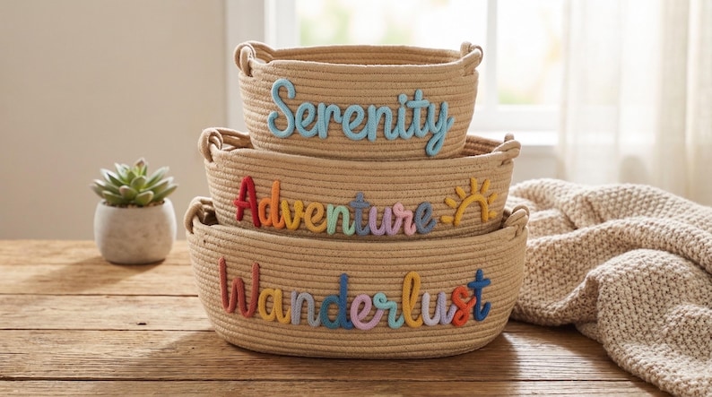Peut inclure: Trois paniers en corde tress&eacute;e empil&eacute;s sur une surface en bois. Le panier sup&eacute;rieur porte le mot "Serenity" en lettres bleu clair. Le panier du milieu porte "Adventure" en lettres color&eacute;es, et le panier inf&eacute;rieur porte "Wanderlust" en lettres color&eacute;es.