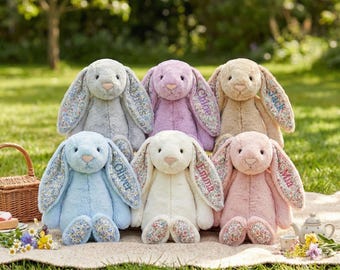 Personalized Floral Bunny Plush | Cottage Style Stuffed Rabbit | Custom Name Bunny | Keepsake Gift