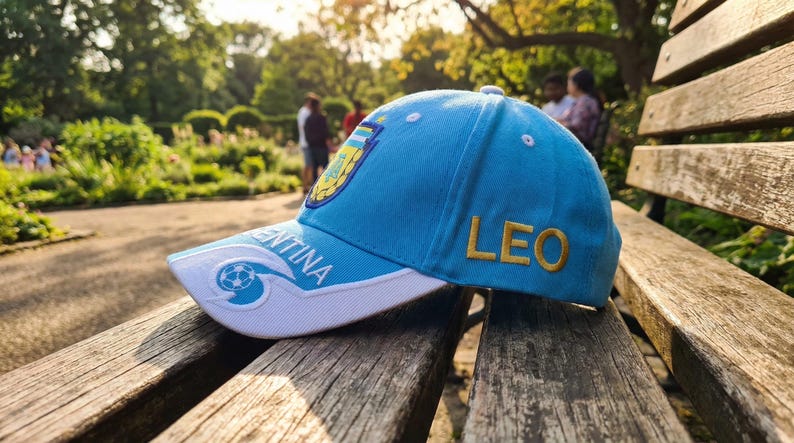 May include: A light blue baseball cap with the word "LEO" embroidered in gold on the side. The cap features the Argentina national team logo and the word "ARGENTINA" on the brim. The cap is resting on a wooden bench.
