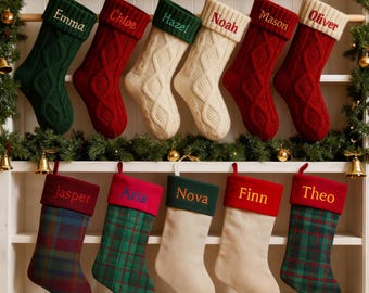 2025 Personalized Classic Christmas Stockings with Name, 18" Knit & Plaid Family Stocking Set, Embroidered Xmas Mantel Decor , minimalism