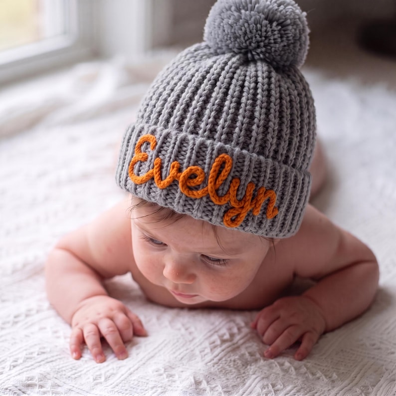 Personalized Baby Name Beanie, Custom Knit Baby Hat, Newborn Pom Pom ...