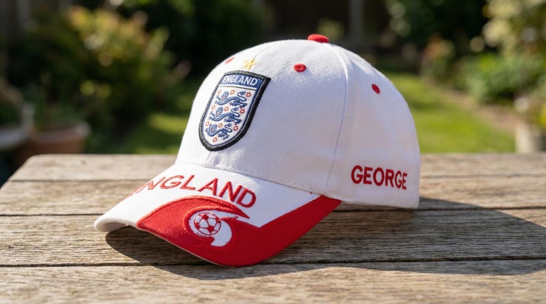 May include: White baseball cap with red accents and the word "ENGLAND" on the brim. Features the England national team emblem and the name "GEORGE" embroidered in red. A soccer ball graphic is on the brim.