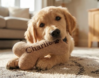 Personalized Dog Toy Bone | No Squeaker Quiet Dog Toy | Custom Embroidered Pet Toy | Durable Chew Toy