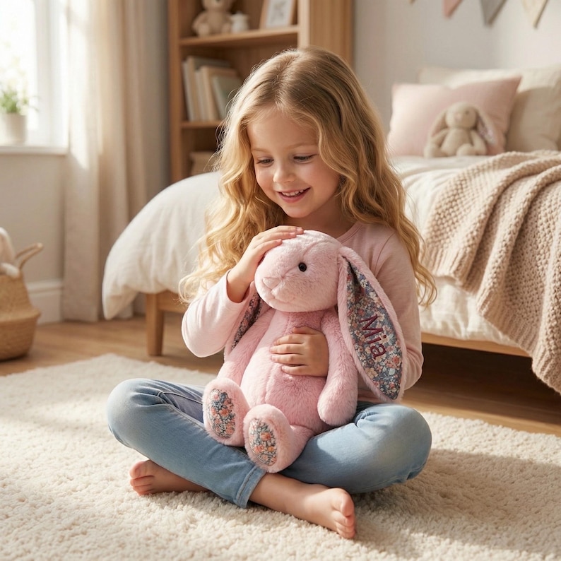 May include: A pink plush bunny with floral patterned ears and feet. The bunny has the name "Mia" embroidered on one ear. The bunny is being held by a person wearing a pink long-sleeved shirt and blue jeans. The person is sitting on a white rug.