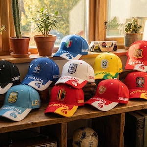 May include: A collection of baseball caps, each representing a different country. The caps are displayed on a wooden shelf near a window. The caps feature team logos and country names in various colors, including blue, red, and yellow.
