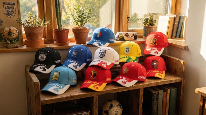 May include: A collection of baseball caps, each representing a different country. The caps are displayed on a wooden shelf near a window. The caps feature team logos and country names in various colors, including blue, red, and yellow.