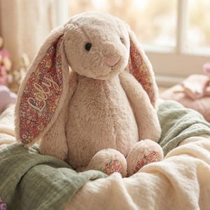 May include: A plush, beige bunny rabbit with floral patterned ears and feet, and the name "Lily" embroidered on one ear. The bunny is seated in a soft, cream-colored nest with a green blanket, surrounded by toys and flowers.