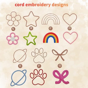 Peut inclure: Image pr&eacute;sentant des motifs de broderie au cordon, dont une fleur, une &eacute;toile, un arc-en-ciel, un c&oelig;ur, une plan&egrave;te, une empreinte de patte et un n&oelig;ud. Les motifs sont de diff&eacute;rentes couleurs, avec le texte "cord embroidery designs" en haut.