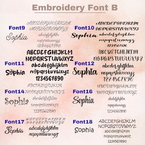 May include: An image showcasing various embroidery fonts, labeled Font9 through Font18. Each font displays uppercase and lowercase alphabets, numbers, and the name "Sophia" in the respective font style. The text "Embroidery Font B" is at the top.