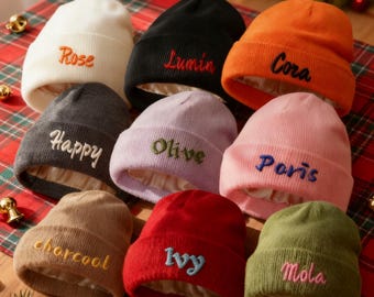 Personalized Satin Lined Beanie, Custom Name / Logo / Text Embroidered Winter Hat, Protective Knit Hat for Curly Hair, Gift for Her Him