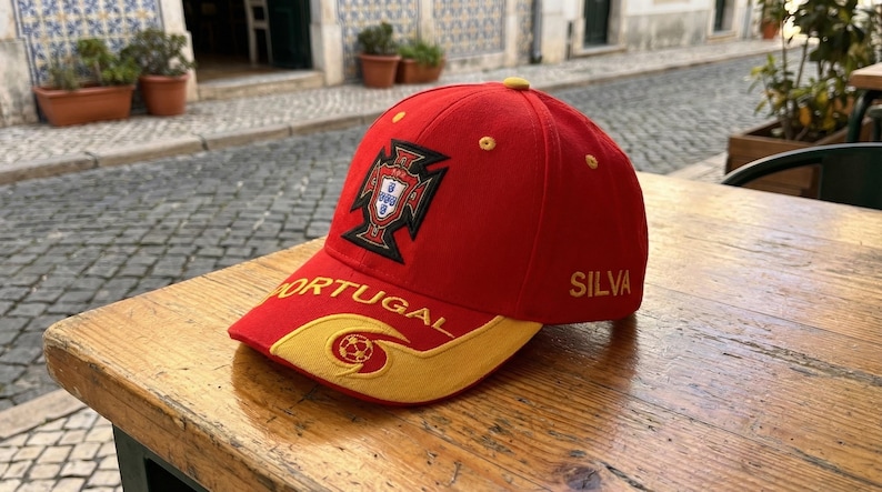 May include: A red baseball cap with a yellow brim and accents. The cap features the word "PORTUGAL" in white, a crest, and the name "SILVA". The cap is sitting on a wooden table.