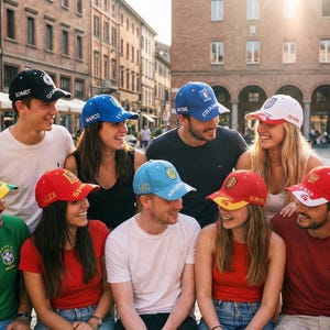 May include: A group of people wearing baseball caps with various designs and colors, including black, blue, red, and yellow. The caps feature text and logos. The group is posing outdoors in a city setting.
