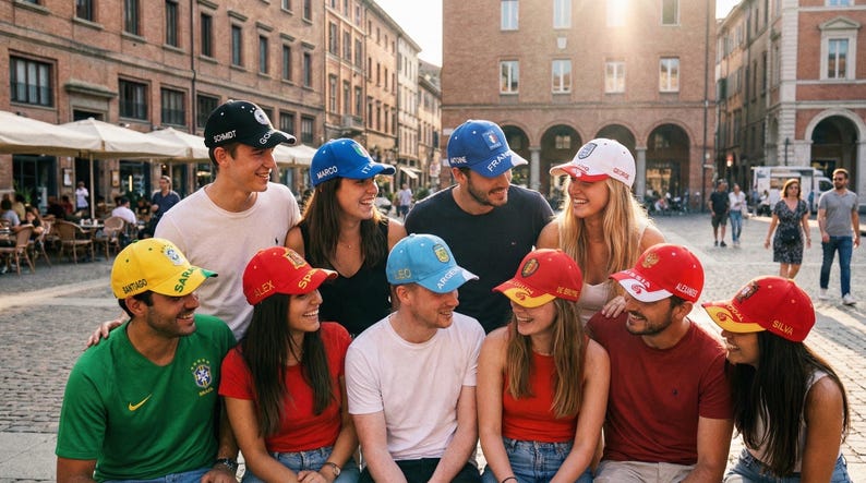 May include: A group of people wearing baseball caps with various designs and colors, including black, blue, red, and yellow. The caps feature text and logos. The group is posing outdoors in a city setting.