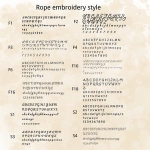 Peut inclure: Sur un fond beige, diff&eacute;rentes polices de broderie de style corde sont pr&eacute;sent&eacute;es. Le texte comprend des lettres majuscules et minuscules, ainsi que des chiffres. Les polices sont &eacute;tiquet&eacute;es F1, F2, F3, F4, F6, F10, F16, F18, S1, S2, S3 et S4.
