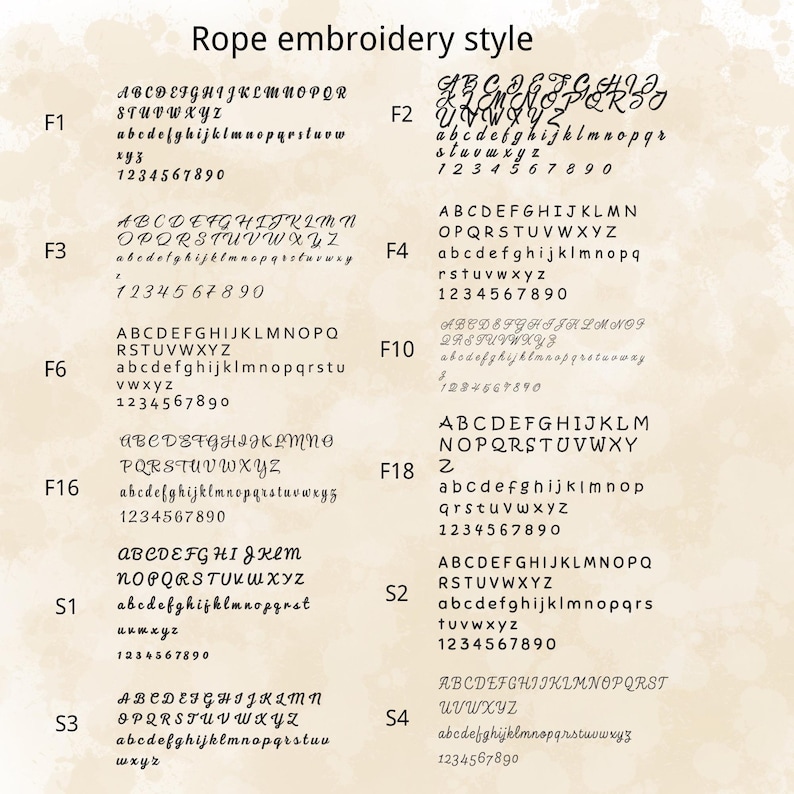 Peut inclure: Sur un fond beige, diff&eacute;rentes polices de broderie de style corde sont pr&eacute;sent&eacute;es. Le texte comprend des lettres majuscules et minuscules, ainsi que des chiffres. Les polices sont &eacute;tiquet&eacute;es F1, F2, F3, F4, F6, F10, F16, F18, S1, S2, S3 et S4.