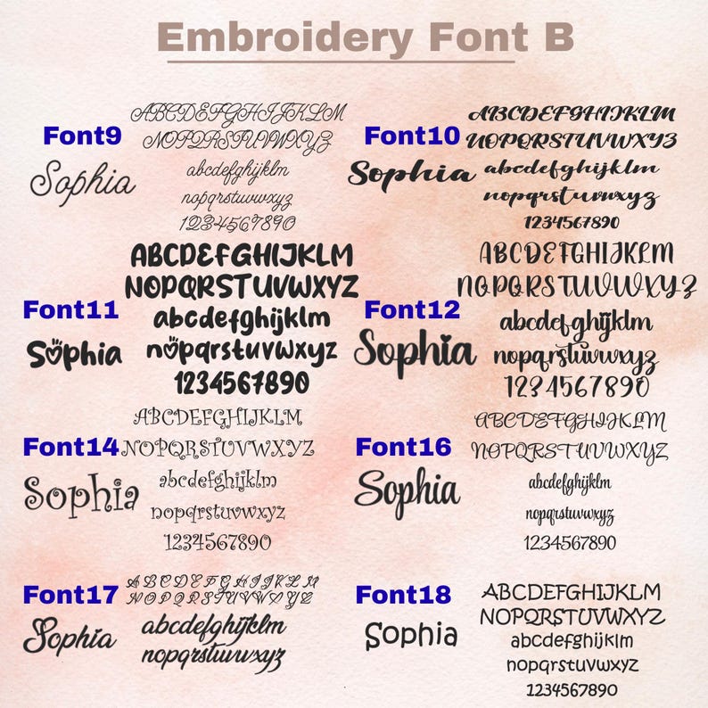 May include: An image showcasing various embroidery fonts labeled Font9 through Font18. Each font displays uppercase and lowercase alphabets, numbers, and the name "Sophia" in a sample design. The text "Embroidery Font B" is at the top.