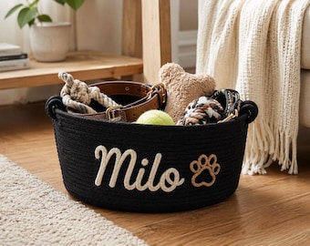 Cesta de juguetes personalizada para mascotas, contenedor de almacenamiento de cuerda con nombre personalizado para juguetes de perros o gatos, cesta de regalo para mascotas.