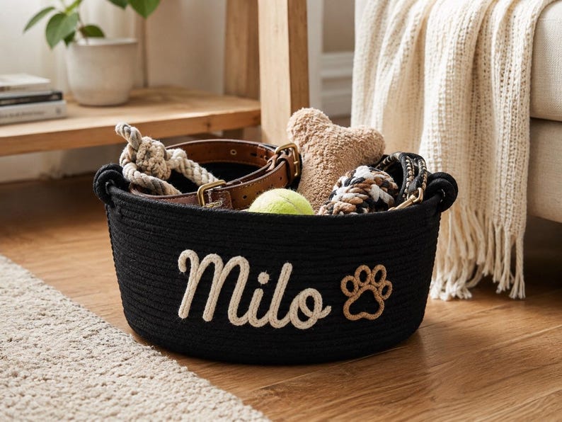 Peut inclure: Panier en corde noir avec le nom "Milo" en &eacute;criture cr&egrave;me et une empreinte de patte. Le panier contient un collier pour chien, un jouet en corde, une balle de tennis et d'autres accessoires pour chien. Le panier est sur un sol en bois.