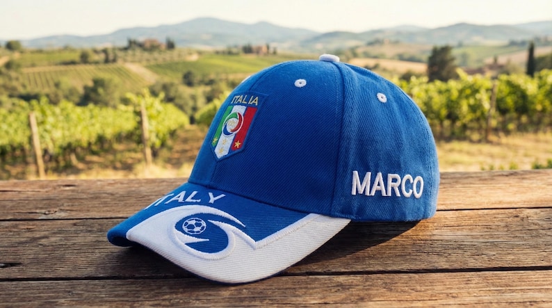 May include: A blue baseball cap with the word "MARCO" embroidered in white. The cap features the Italian flag and the word "ITALY". The brim is white with a soccer ball design. The cap is sitting on a wooden surface.