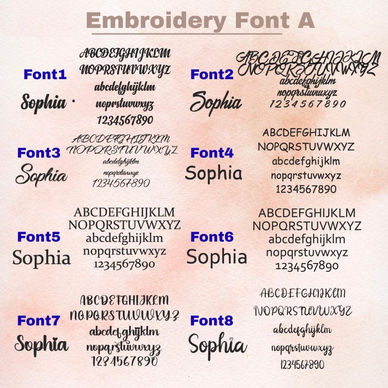 May include: An image showcasing eight different embroidery fonts, labeled Font1 through Font8. Each font displays the alphabet, numbers, and the name "Sophia" in various styles, including cursive and block letters. The title "Embroidery Font A" is at the top.