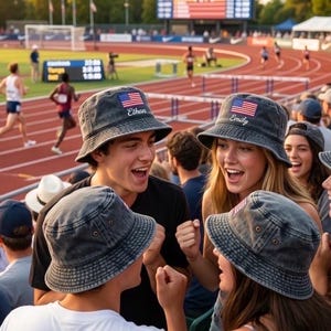 Op de afbeelding: Een groep jonge mensen draagt ​​spijkergoedemmerhoeden met Amerikaanse vlaggen en geborduurde namen, die juichen bij een atletiekevenement. De hoeden zijn lichtblauw.