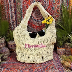 Boho Personalized Straw Tote –Custom Embroidered tote Bag, Bride Beach Bag, Bachelorette Party Purse & Summer Girls Trip Vacation Bag