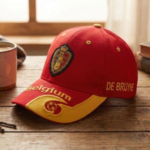 May include: A red baseball cap with a yellow brim and the word "Belgium" embroidered on the front. The cap features a crest and the name "DE BRUYNE". A coffee mug and books are in the background.