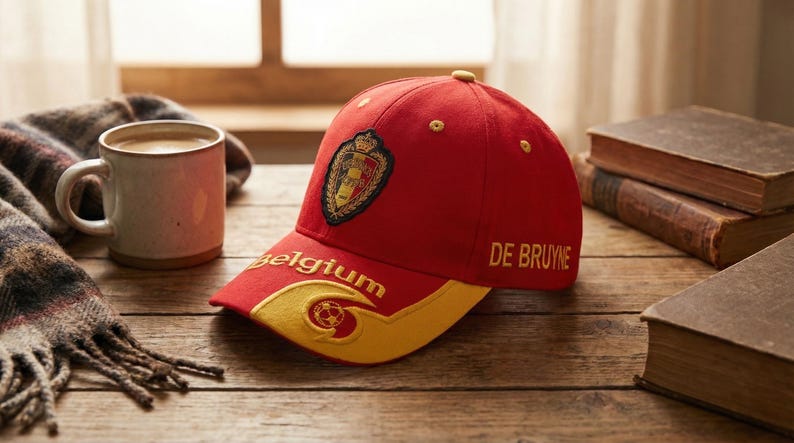 May include: A red baseball cap with a yellow brim and the word "Belgium" embroidered on the front. The cap features a crest and the name "DE BRUYNE". A coffee mug and books are in the background.